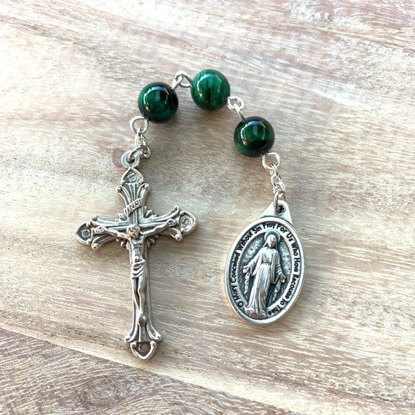 Three Hail Mary Chaplet with Green Tiger Eye Beads
