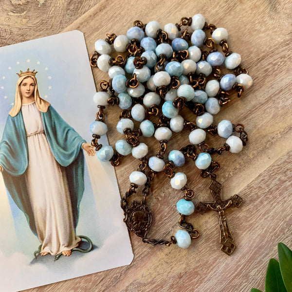 Miraculous Medal Rosary with Blue Glass Beads