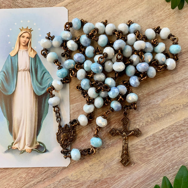 Miraculous Medal Rosary with Blue Glass Beads