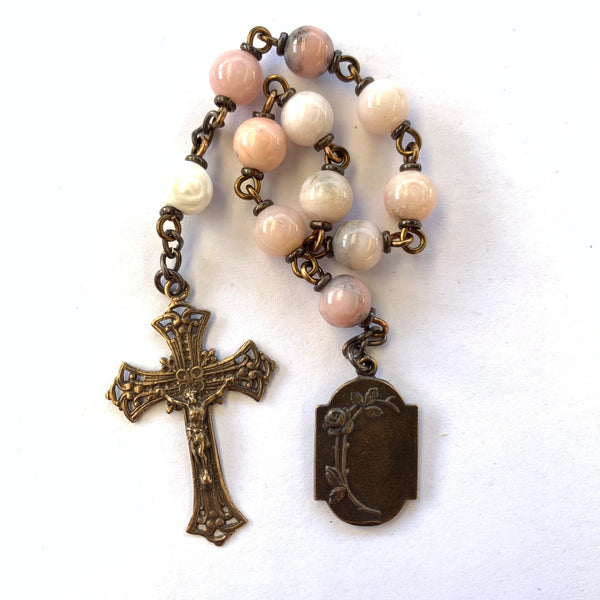 Our Lady of Lourdes Pocket Rosary with Pink Opal Beads