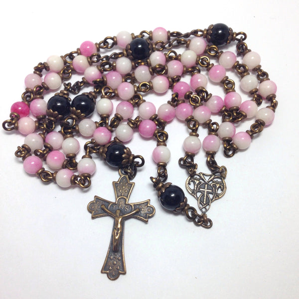 Bronze rosary with pink jade beads