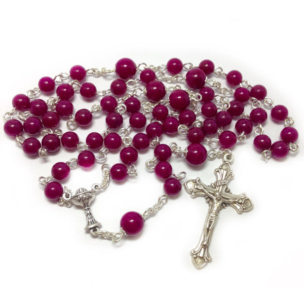 Holy Communion Rosary with fuchsia beads