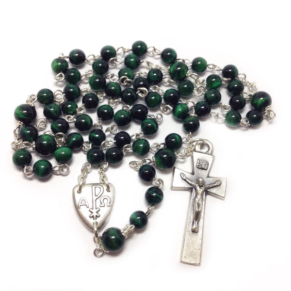 Pax Catholic rosary with green beads