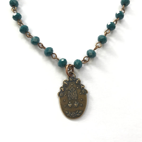 Turquoise Bronze Miraculous Medal Necklace