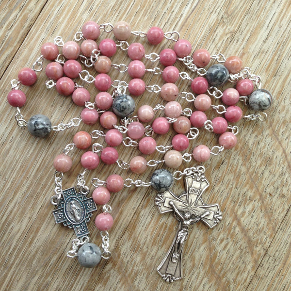 Miraculous Medal Rosary with pink and grey beads