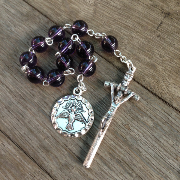 Holy Spirit Pocket Rosary made with amethyst glass beads