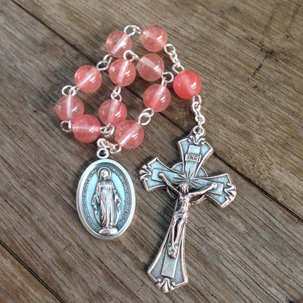 Miraculous Medal rosary with Cherry Quartz beads