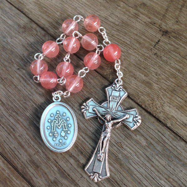 Miraculous Medal rosary with Cherry Quartz beads