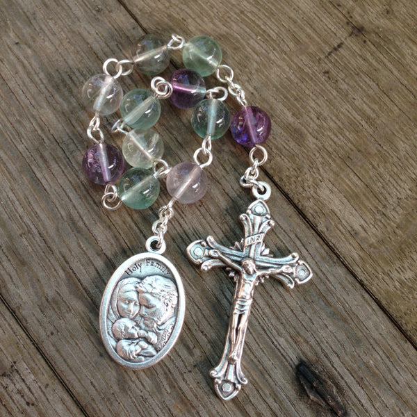 Holy Family pocket rosary made with rainbow flourite beads