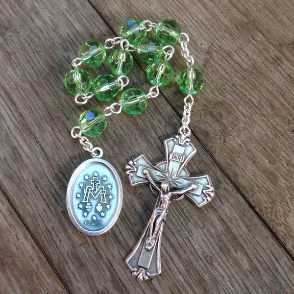 Miraculous Medal Pocket Rosary with Green glass beads