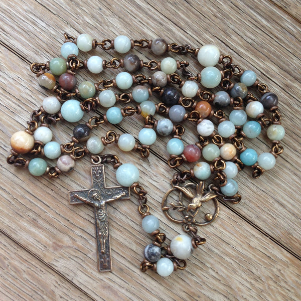 Bronze rosary with multi-coloured amazonite beads