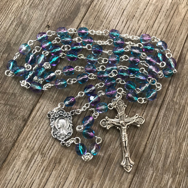 Madonna Rosary with blue/pink Czech glass beads