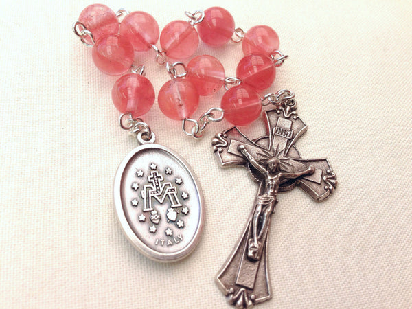 Miraculous Medal rosary with Cherry Quartz beads