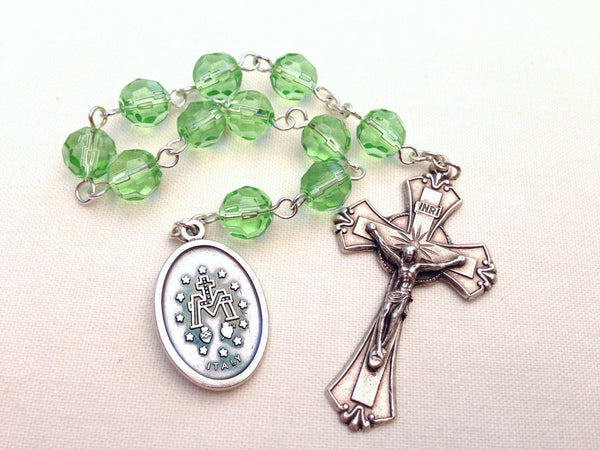Miraculous Medal Pocket Rosary with Green glass beads