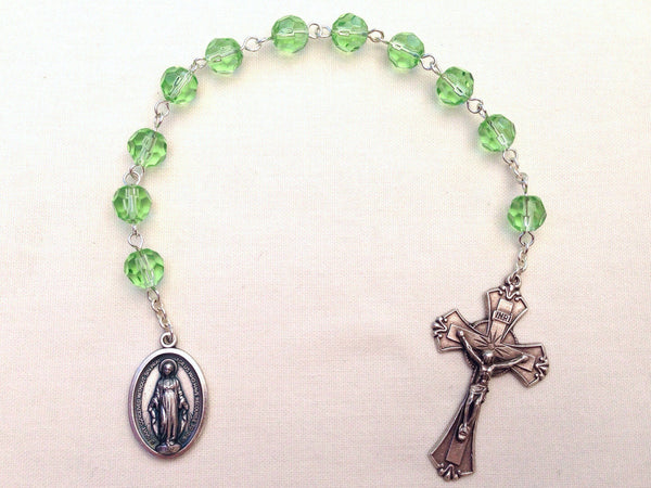 Miraculous Medal Pocket Rosary with Green glass beads
