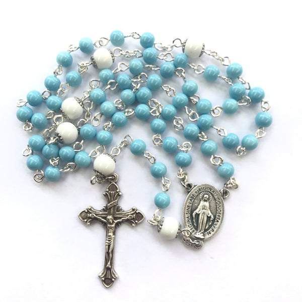 Miraculous Medal Rosary with blue and white beads
