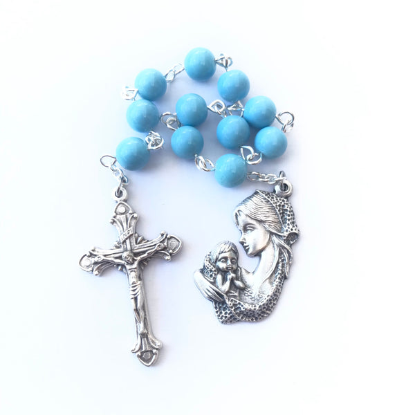 Blue pocket rosary with mother and child medal