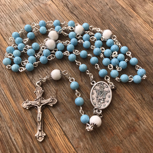 Miraculous Medal Rosary with blue and white beads