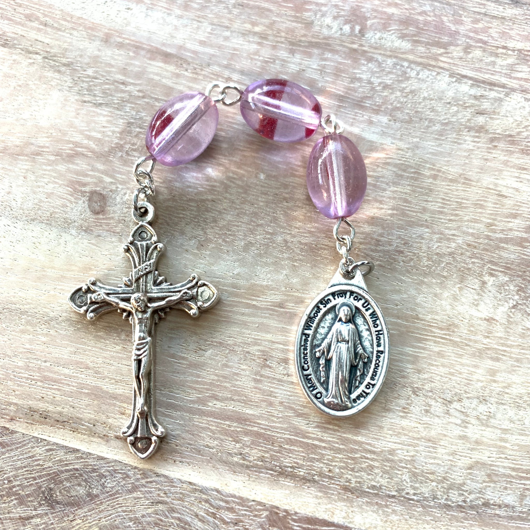 Three Hail Mary Chaplet with Pink Glass Beads