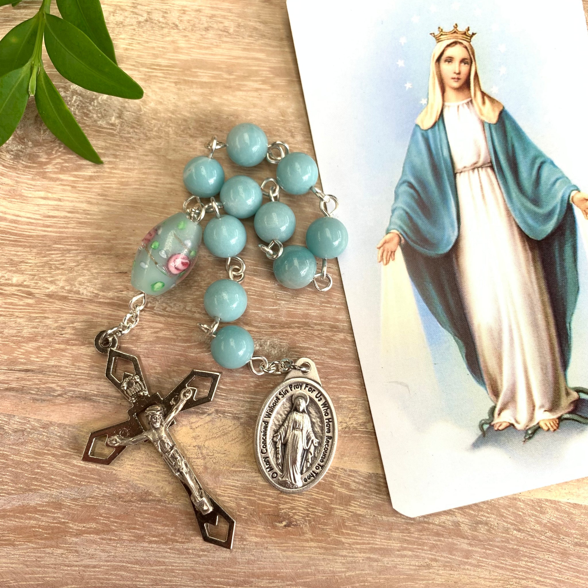 Miraculous Medal Pocket Rosary with turquoise Amazonite beads