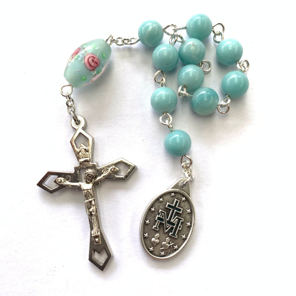 Miraculous Medal Pocket Rosary with turquoise Amazonite beads