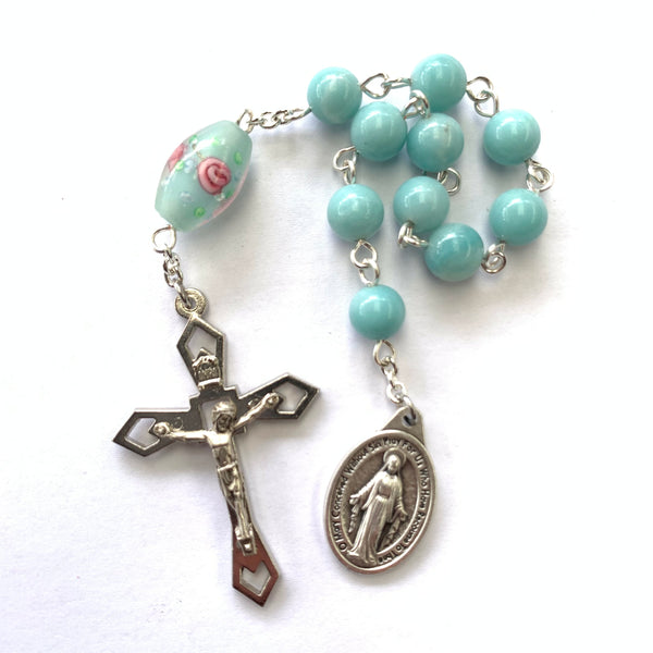 Miraculous Medal Pocket Rosary with turquoise Amazonite beads