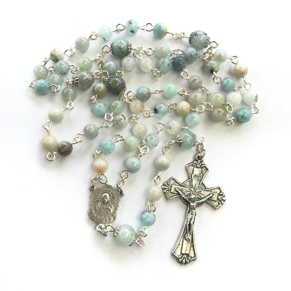 Aquamarine Rosary with floral Marian centre