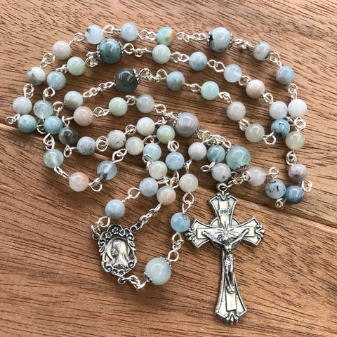 Aquamarine Rosary with floral Marian centre