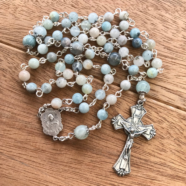 Aquamarine Rosary with floral Marian centre