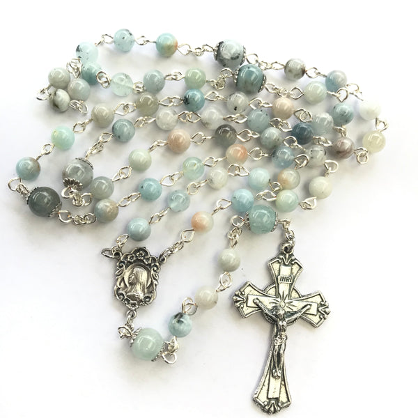 Aquamarine Rosary with floral Marian centre