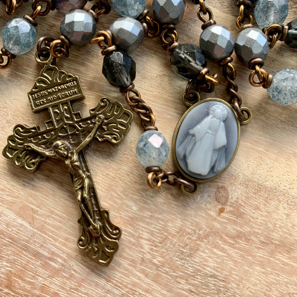 Our Lady of Grace Black Glass Rosary with Pardon Crucifix