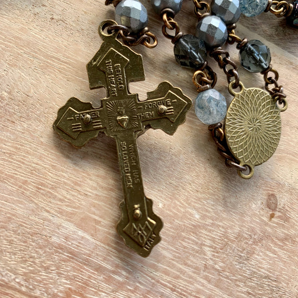 Our Lady of Grace Black Glass Rosary with Pardon Crucifix