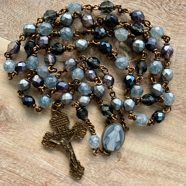 Our Lady of Grace Black Glass Rosary with Pardon Crucifix