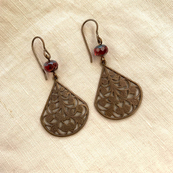 Brass Filigree & Red Glass Earrings