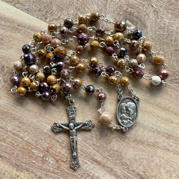 Holy Family Rosary with faceted Mookaite beads