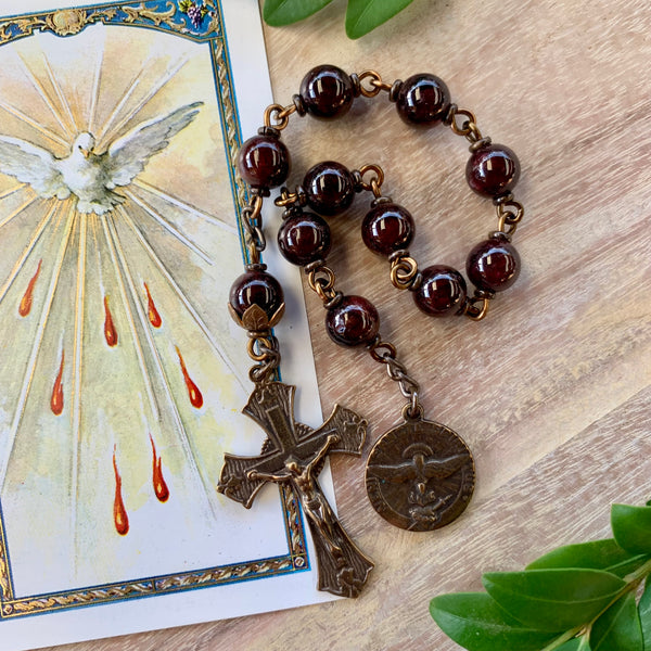 Holy Spirit Pocket Rosary with Garnet beads