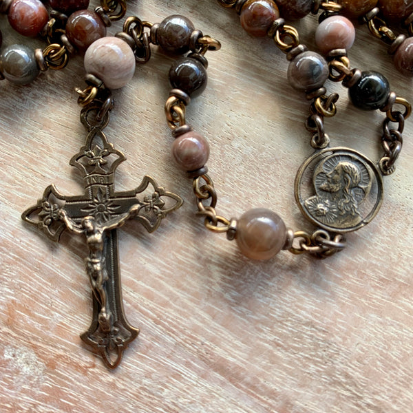 Bronze Jesus Centrepiece Rosary with Petrified Wood Beads