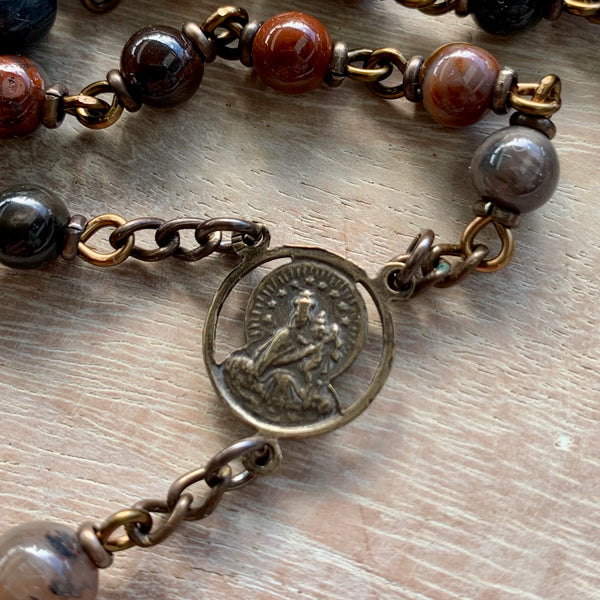 Bronze Jesus Centrepiece Rosary with Petrified Wood Beads