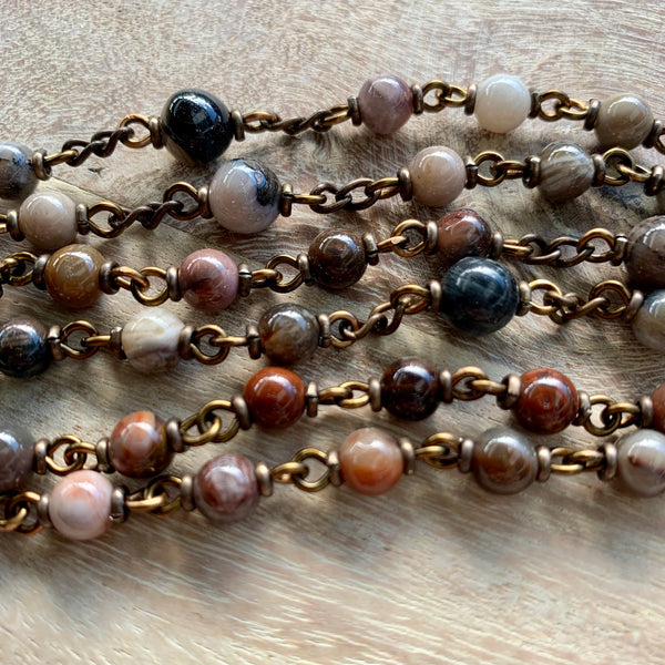 Bronze Jesus Centrepiece Rosary with Petrified Wood Beads