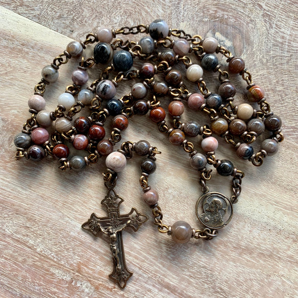 Bronze Jesus Centrepiece Rosary with Petrified Wood Beads