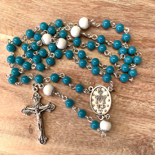 Miraculous Medal Rosary with blue and white beads