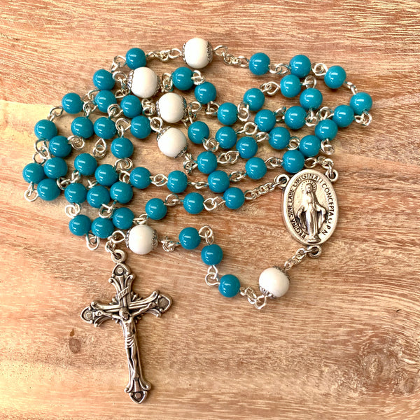 Miraculous Medal Rosary with blue and white beads
