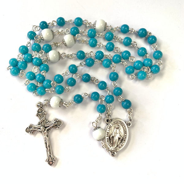 Miraculous Medal Rosary with blue and white beads