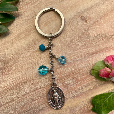 Miraculous Medal keyring - turquoise