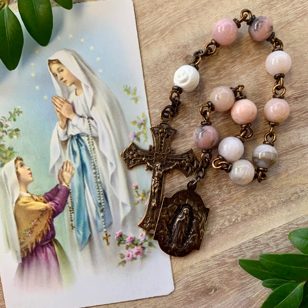 Our Lady of Lourdes Pocket Rosary with Pink Opal Beads