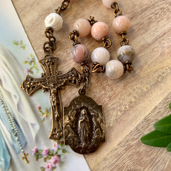 Our Lady of Lourdes Pocket Rosary with Pink Opal Beads