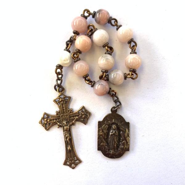 Our Lady of Lourdes Pocket Rosary with Pink Opal Beads