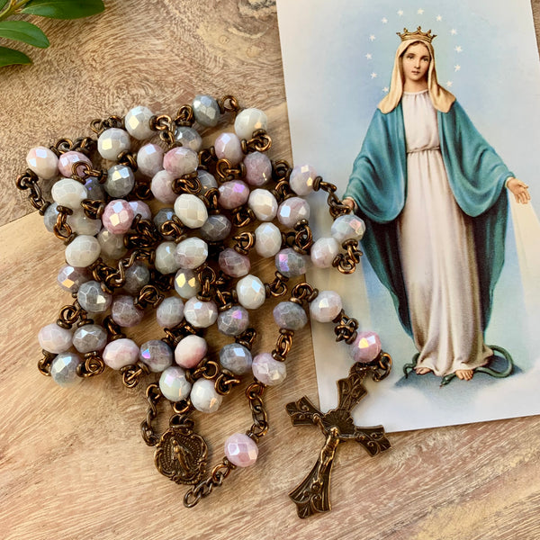 Miraculous Medal Rosary with Purple and Pink Glass beads