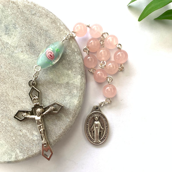 Miraculous Medal Pocket Rosary with Rose Quartz beads