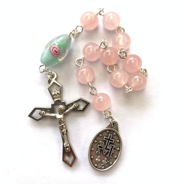 Miraculous Medal Pocket Rosary with Rose Quartz beads